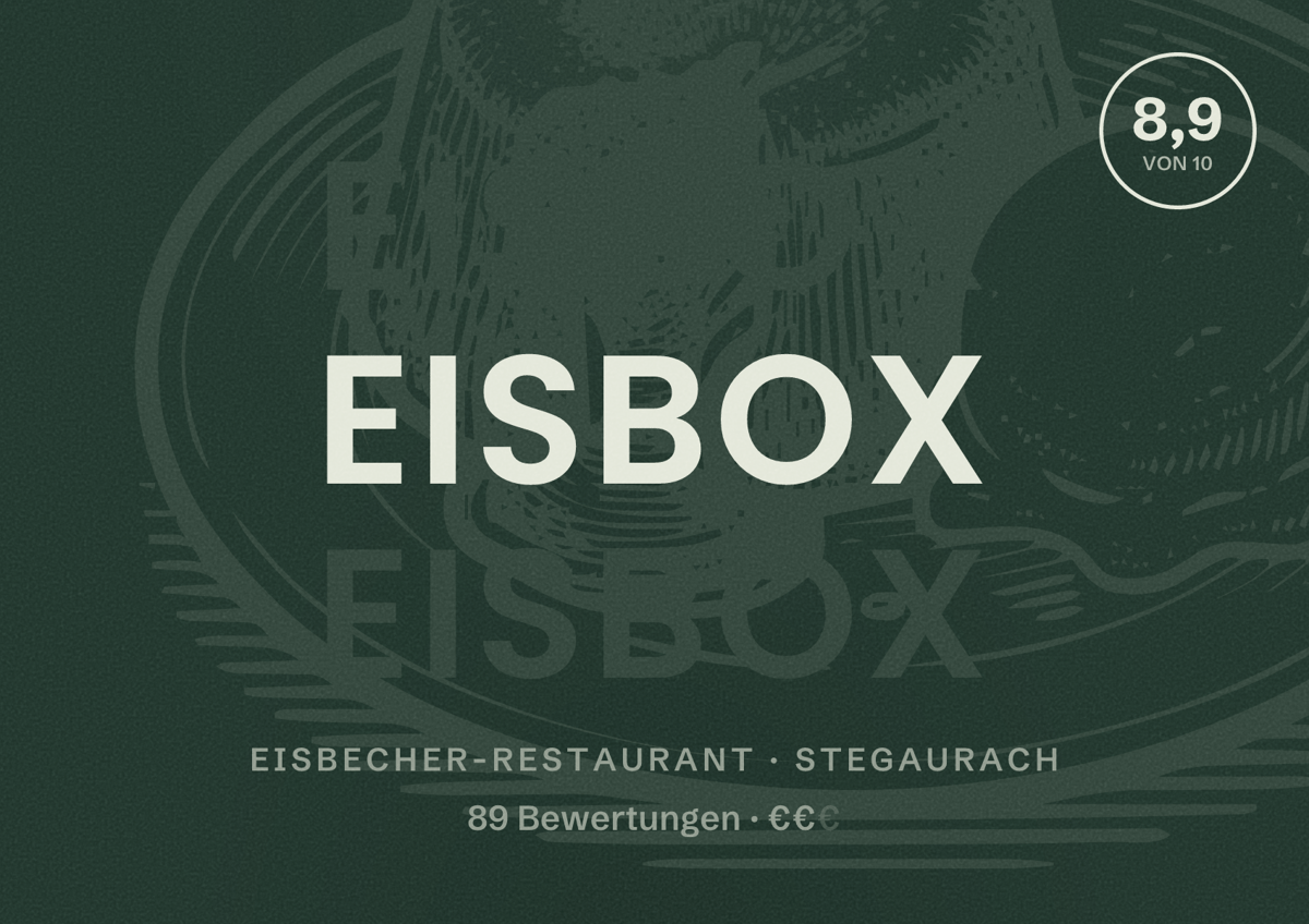 Illustriertes Poster von Eisbox, Eisbecher-Restaurant in Stegaurach: Bewertung 8,9 von 10 aus 89 Bewertungen, Preisniveau €€
