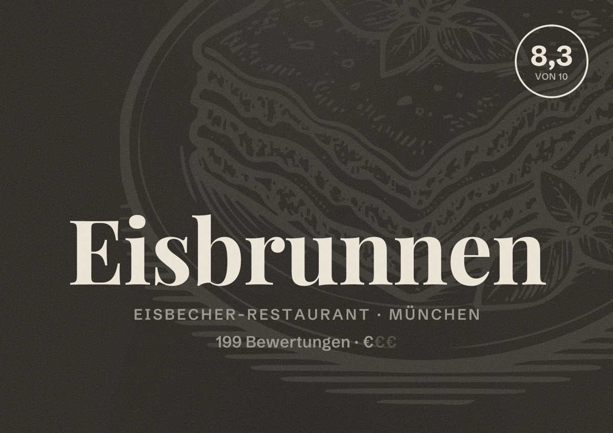Illustriertes Poster von Eisbrunnen, Eisbecher-Restaurant in München: Bewertung 8,3 von 10 aus 199 Bewertungen, Preisniveau €