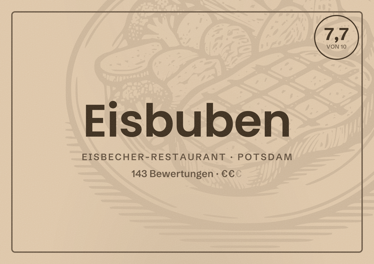 Illustriertes Poster von Eisbuben, Eisbecher-Restaurant in Potsdam: Bewertung 7,7 von 10 aus 143 Bewertungen, Preisniveau €€