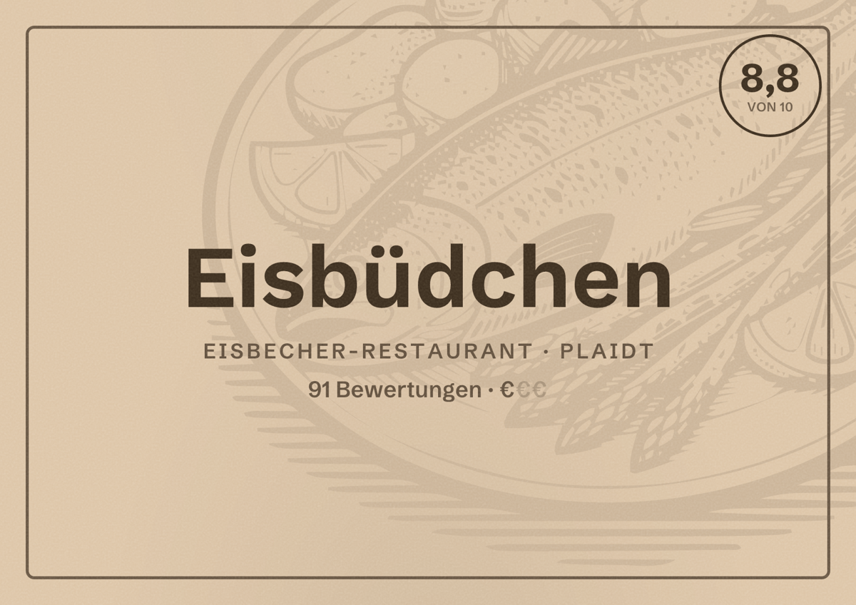 Illustriertes Poster von Eisbüdchen, Eisbecher-Restaurant in Plaidt: Bewertung 8,8 von 10 aus 91 Bewertungen, Preisniveau €