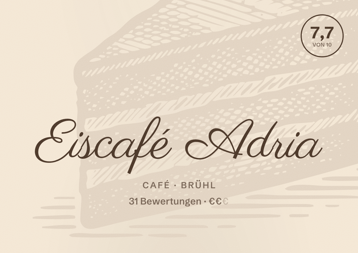 Illustriertes Poster von Eiscafé Adria, Café in Brühl: Bewertung 7,7 von 10 aus 31 Bewertungen, Preisniveau €€