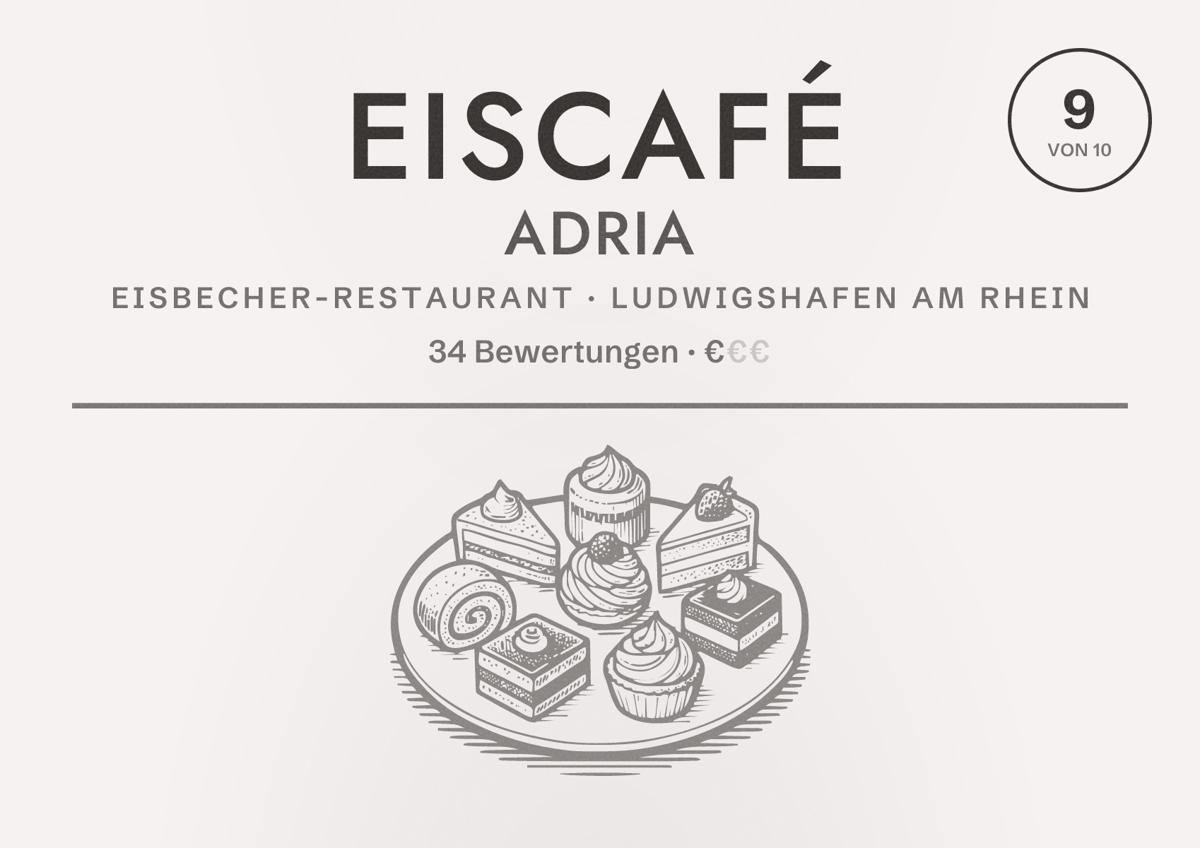Illustriertes Poster von Eiscafé Adria, Eisbecher-Restaurant in Ludwigshafen am Rhein: Bewertung 9 von 10 aus 34 Bewertungen, Preisniveau €