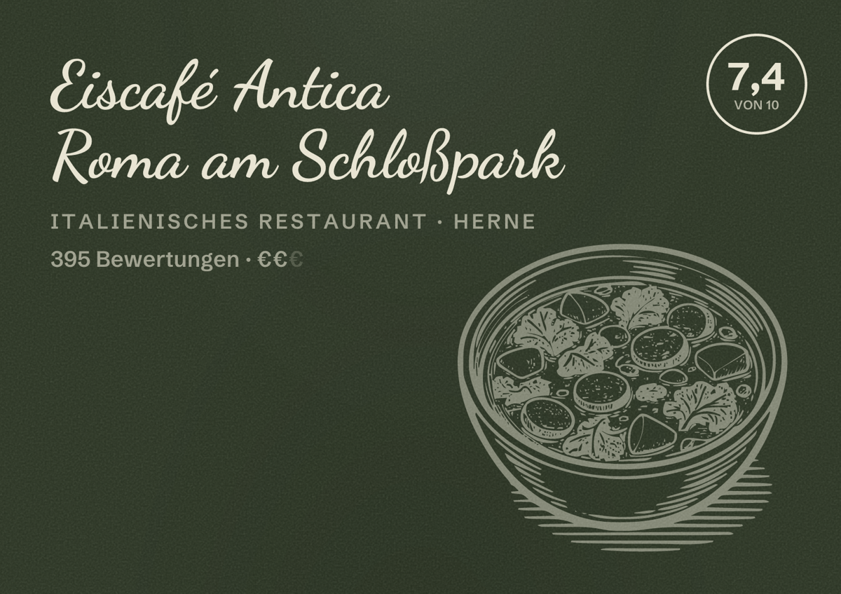 Illustriertes Poster von Eiscafé Antica Roma am Schloßpark, Italienisches Restaurant in Herne: Bewertung 7,4 von 10 aus 395 Bewertungen, Preisniveau €€
