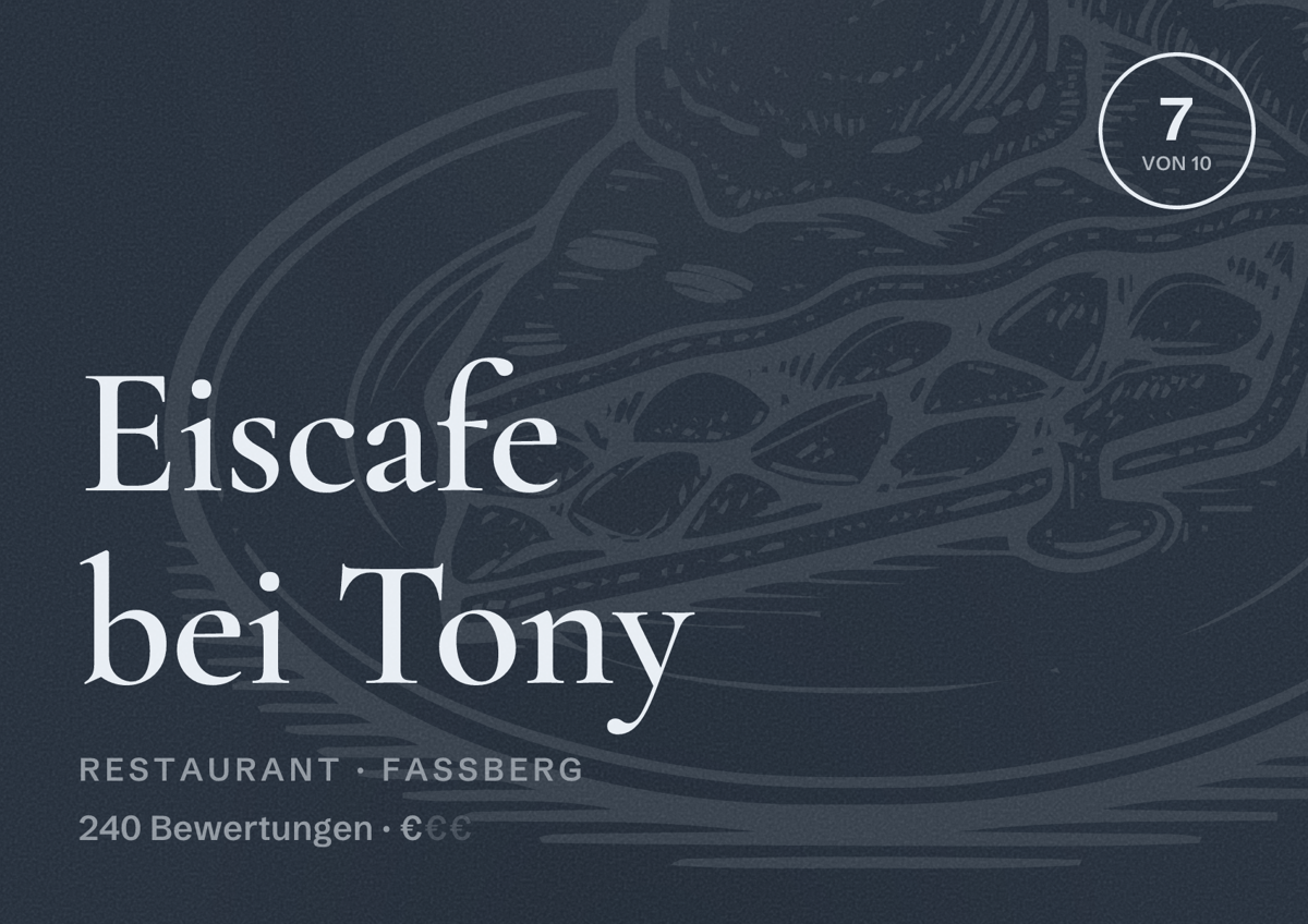 Illustriertes Poster von Eiscafe bei Tony, Restaurant in Faßberg: Bewertung 7 von 10 aus 240 Bewertungen, Preisniveau €