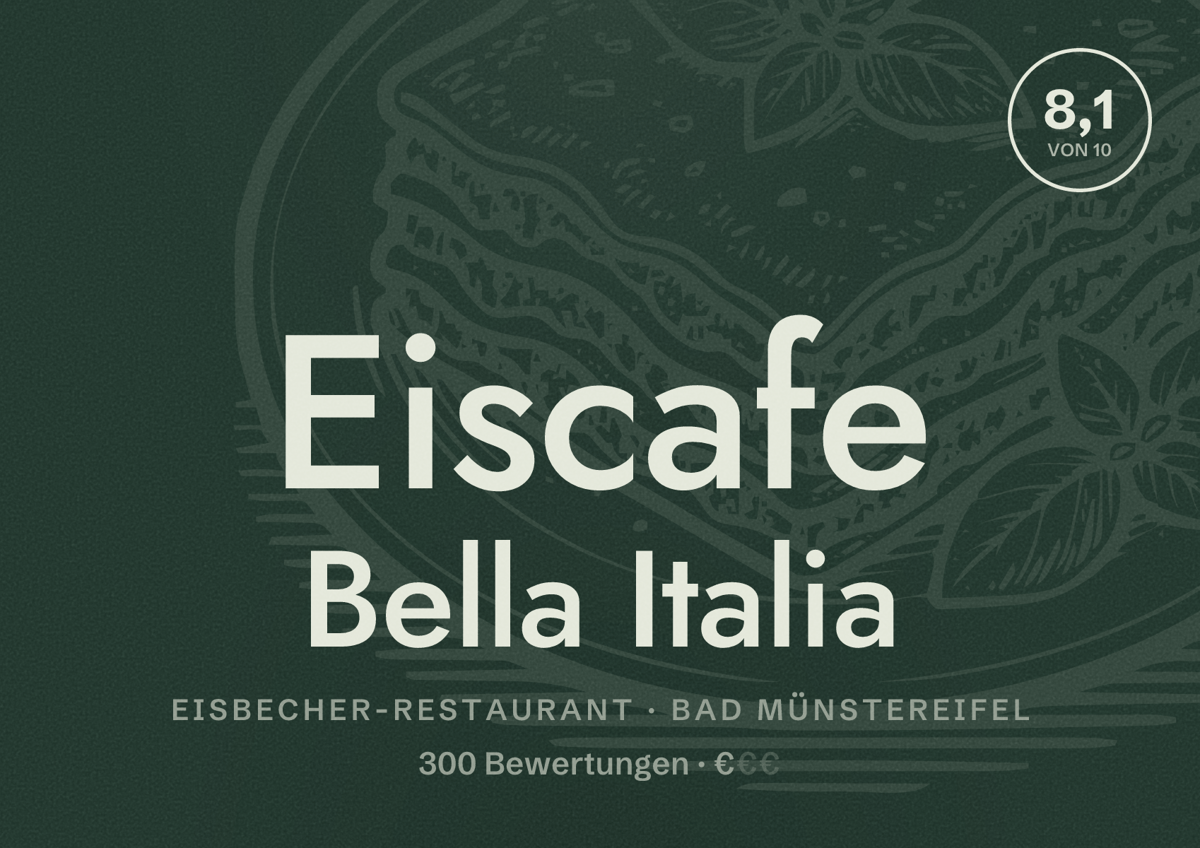 Illustriertes Poster von Eiscafe Bella Italia, Eisbecher-Restaurant in Bad Münstereifel: Bewertung 8,1 von 10 aus 300 Bewertungen, Preisniveau €