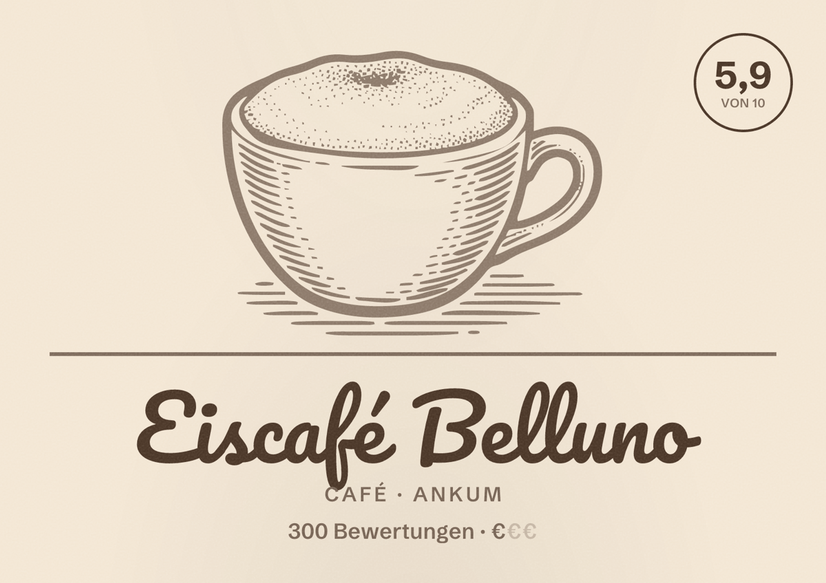 Illustriertes Poster von Eiscafé Belluno, Café in Ankum: Bewertung 5,9 von 10 aus 300 Bewertungen, Preisniveau €