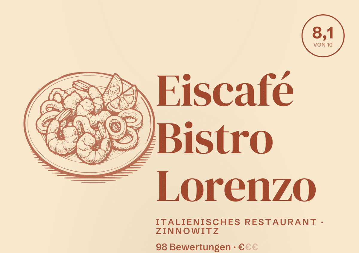 Illustriertes Poster von Eiscafé Bistro Lorenzo, Italienisches Restaurant in Zinnowitz: Bewertung 8,1 von 10 aus 98 Bewertungen, Preisniveau €