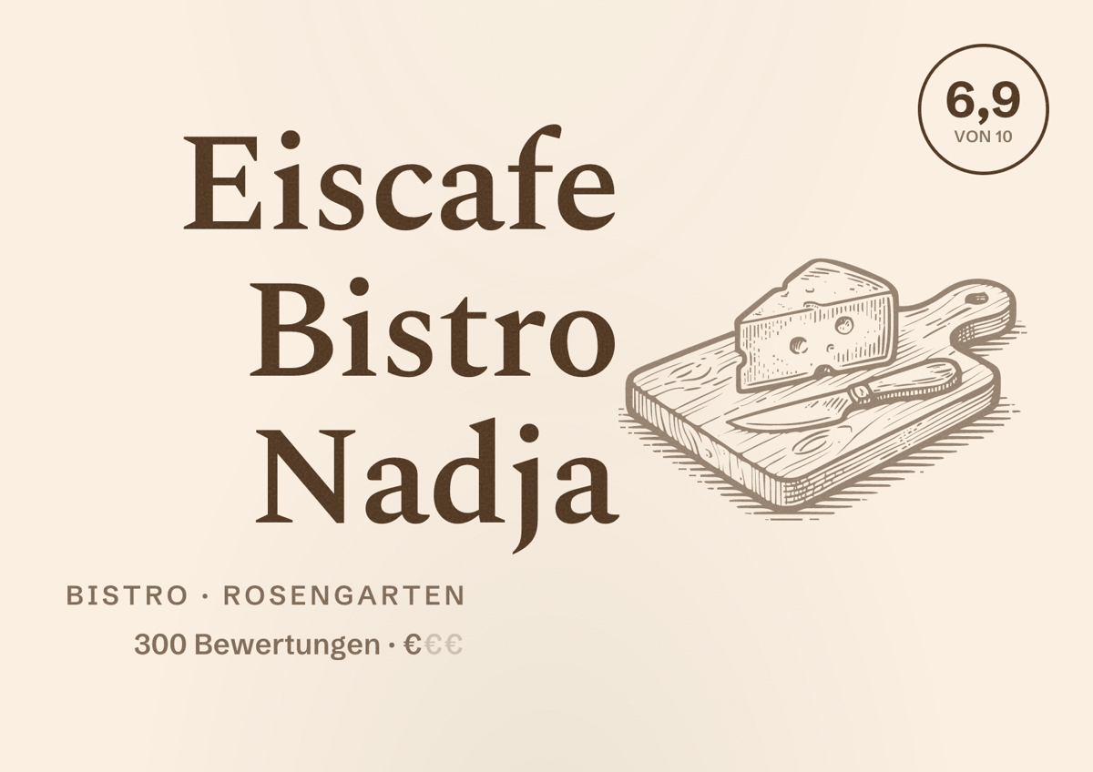 Illustriertes Poster von Eiscafe Bistro Nadja, Bistro in Rosengarten: Bewertung 6,9 von 10 aus 300 Bewertungen, Preisniveau €