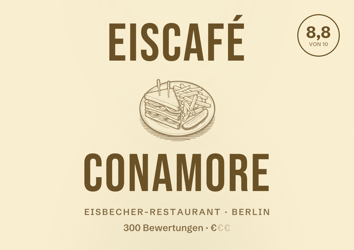 Illustriertes Poster von Eiscafé conAmore, Eisbecher-Restaurant in Berlin: Bewertung 8,8 von 10 aus 300 Bewertungen, Preisniveau €