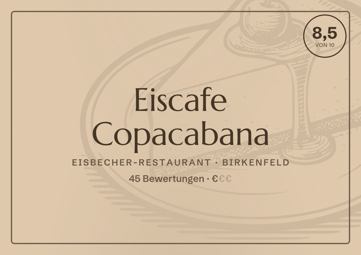 Illustriertes Poster von Eiscafe Copacabana, Eisbecher-Restaurant in Birkenfeld: Bewertung 8,5 von 10 aus 45 Bewertungen, Preisniveau €