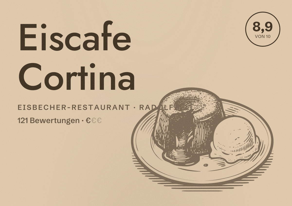 Illustriertes Poster von Eiscafe Cortina, Eisbecher-Restaurant in Radolfzell: Bewertung 8,9 von 10 aus 121 Bewertungen, Preisniveau €