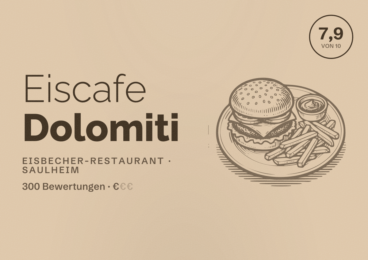 Illustriertes Poster von Eiscafe Dolomiti, Eisbecher-Restaurant in Saulheim: Bewertung 7,9 von 10 aus 300 Bewertungen, Preisniveau €