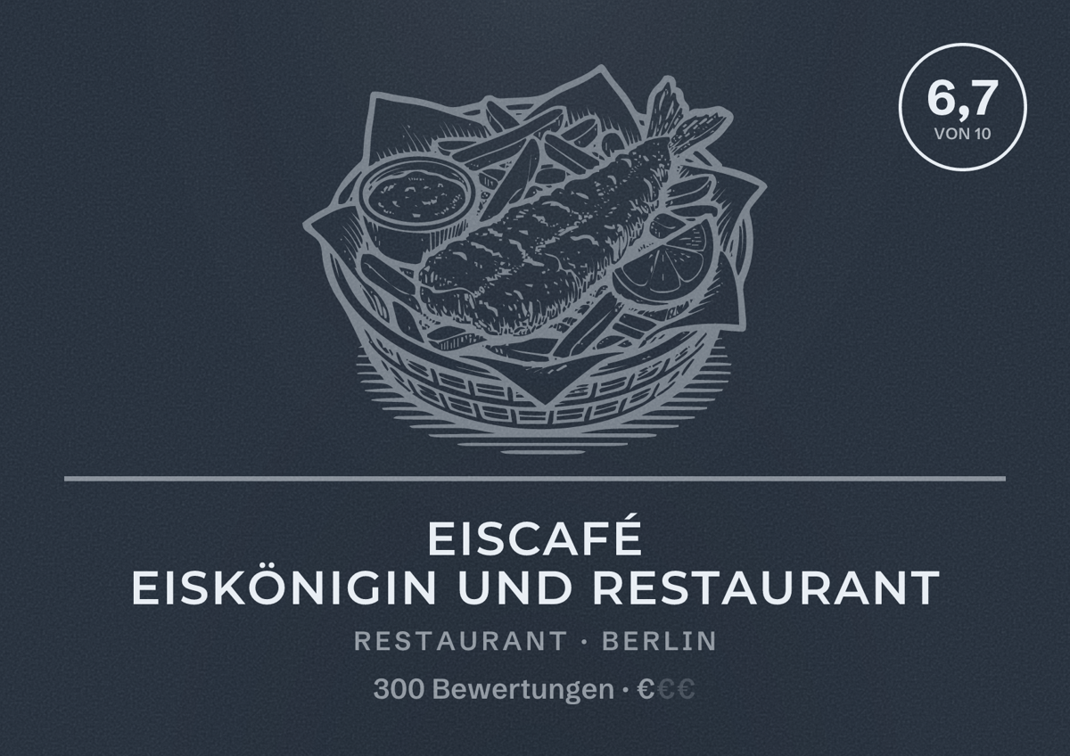 Illustriertes Poster von Eiscafé Eiskönigin und Restaurant, Restaurant in Berlin: Bewertung 6,7 von 10 aus 300 Bewertungen, Preisniveau €