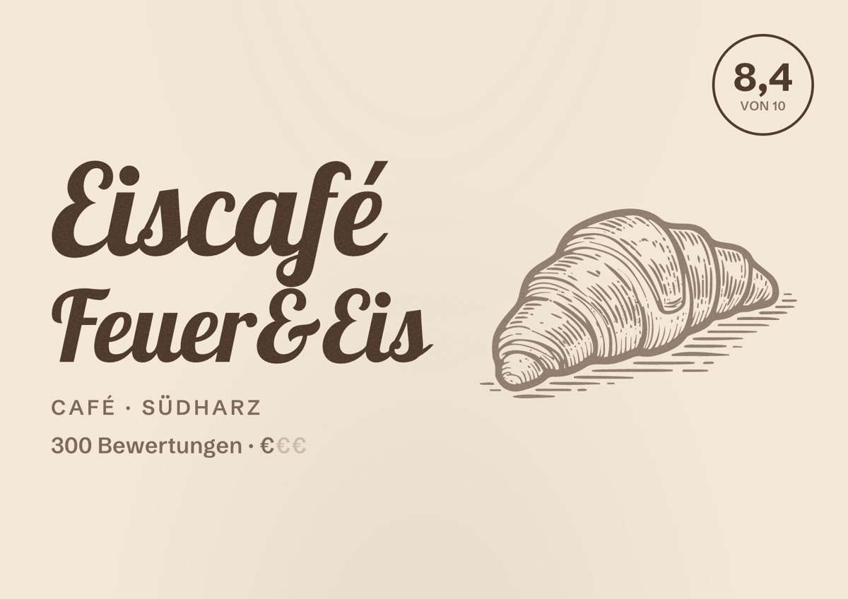 Illustriertes Poster von Eiscafé Feuer&Eis, Café in Südharz: Bewertung 8,4 von 10 aus 300 Bewertungen, Preisniveau €