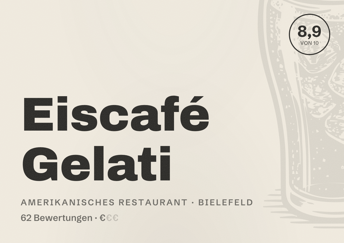 Illustriertes Poster von Eiscafé Gelati, Amerikanisches Restaurant in Bielefeld: Bewertung 8,9 von 10 aus 62 Bewertungen, Preisniveau €