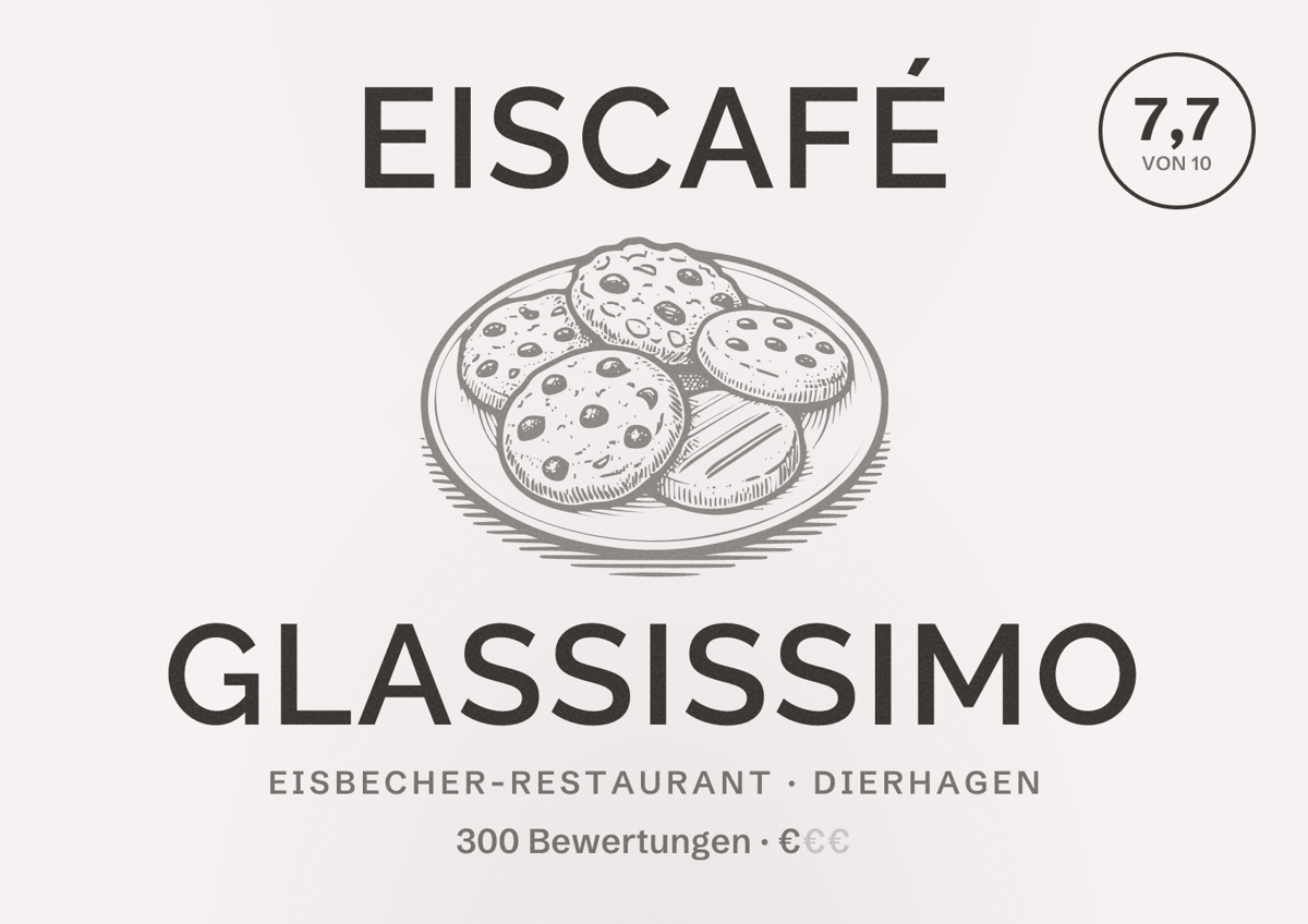 Illustriertes Poster von Eiscafé Glassissimo, Eisbecher-Restaurant in Dierhagen: Bewertung 7,7 von 10 aus 300 Bewertungen, Preisniveau €
