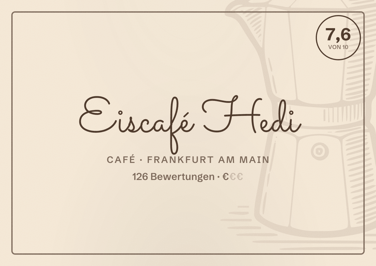 Illustriertes Poster von Eiscafé Hedi, Café in Frankfurt am Main: Bewertung 7,6 von 10 aus 126 Bewertungen, Preisniveau €
