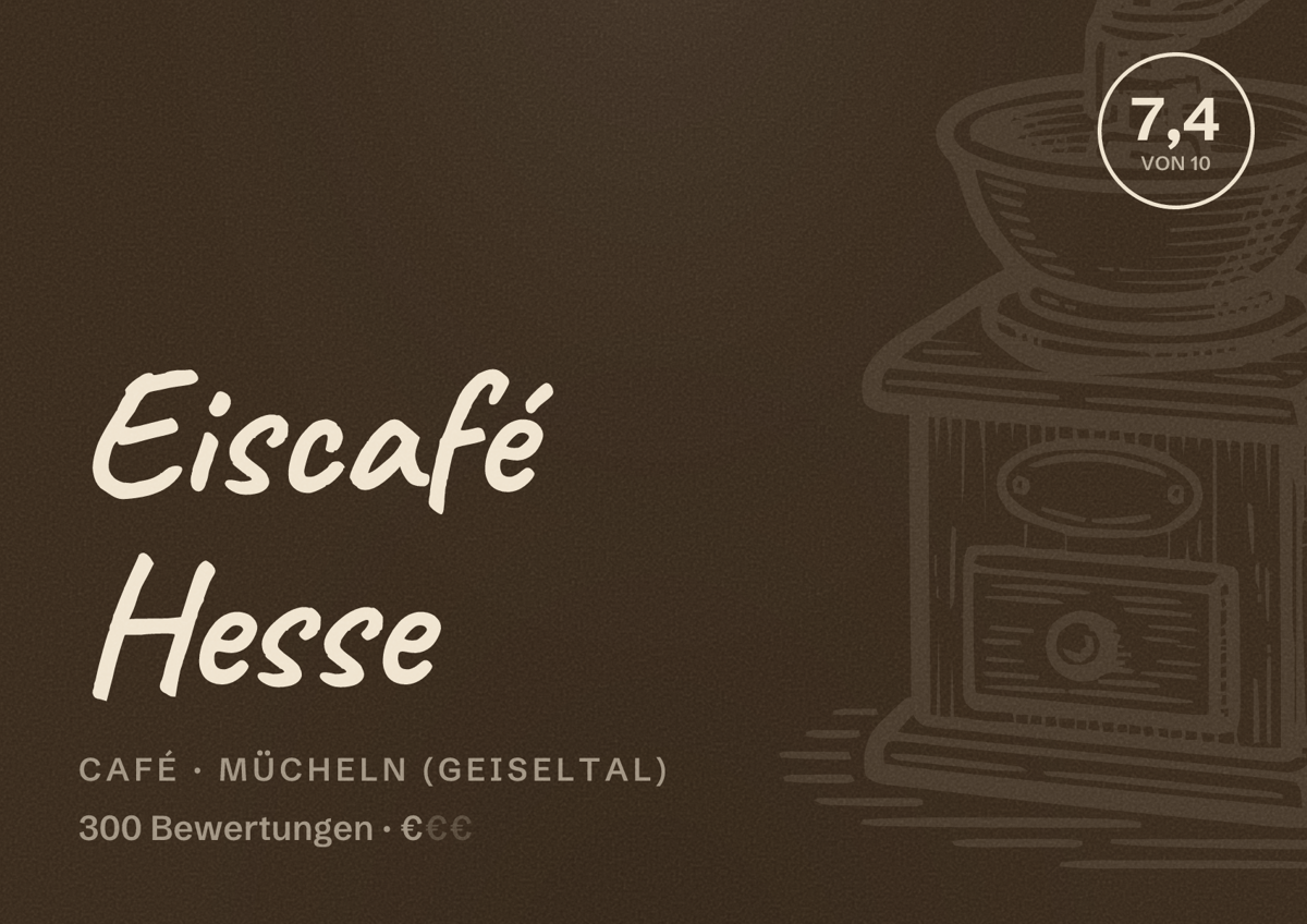 Illustriertes Poster von Eiscafé Hesse, Café in Mücheln (Geiseltal): Bewertung 7,4 von 10 aus 300 Bewertungen, Preisniveau €