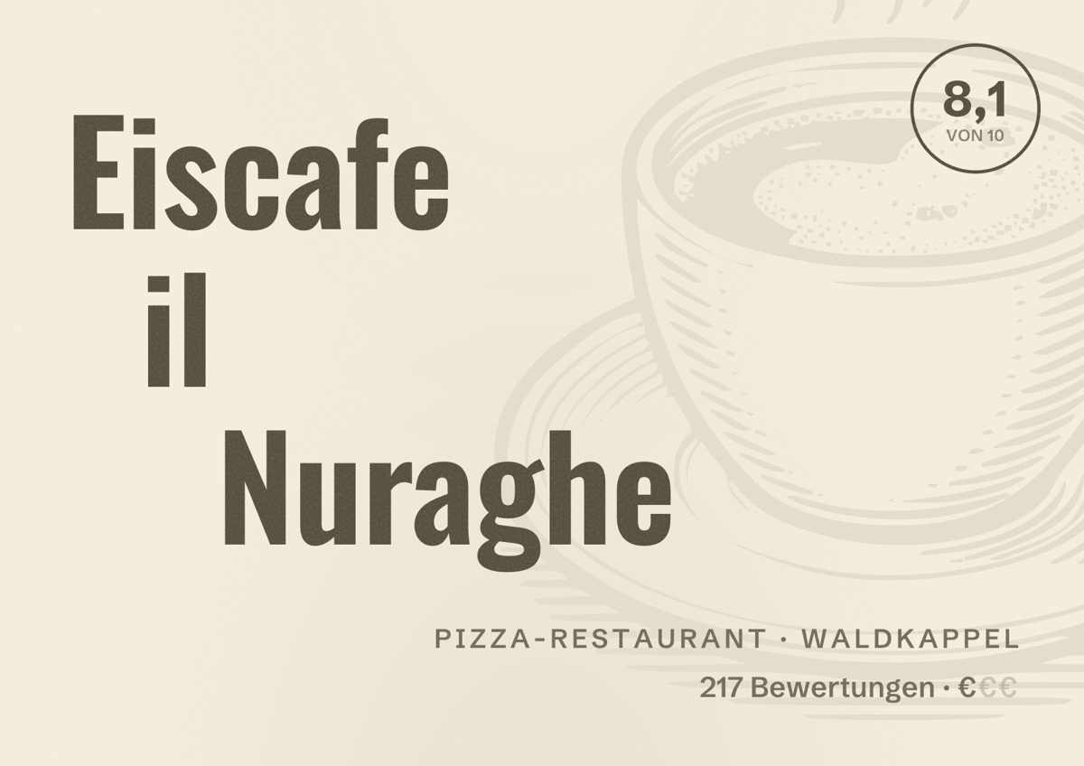 Illustriertes Poster von Eiscafe il Nuraghe, Pizza-Restaurant in Waldkappel: Bewertung 8,1 von 10 aus 217 Bewertungen, Preisniveau €