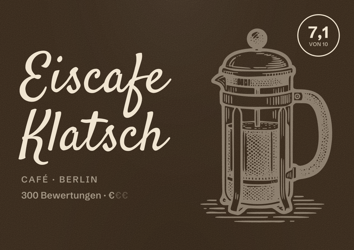 Illustriertes Poster von Eiscafe Klatsch, Café in Berlin: Bewertung 7,1 von 10 aus 300 Bewertungen, Preisniveau €