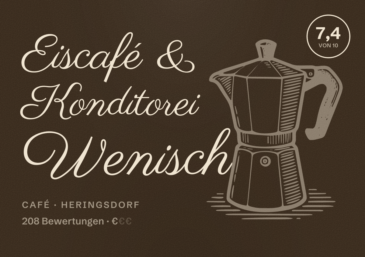 Illustriertes Poster von Eiscafé & Konditorei Wenisch, Café in Heringsdorf: Bewertung 7,4 von 10 aus 208 Bewertungen, Preisniveau €