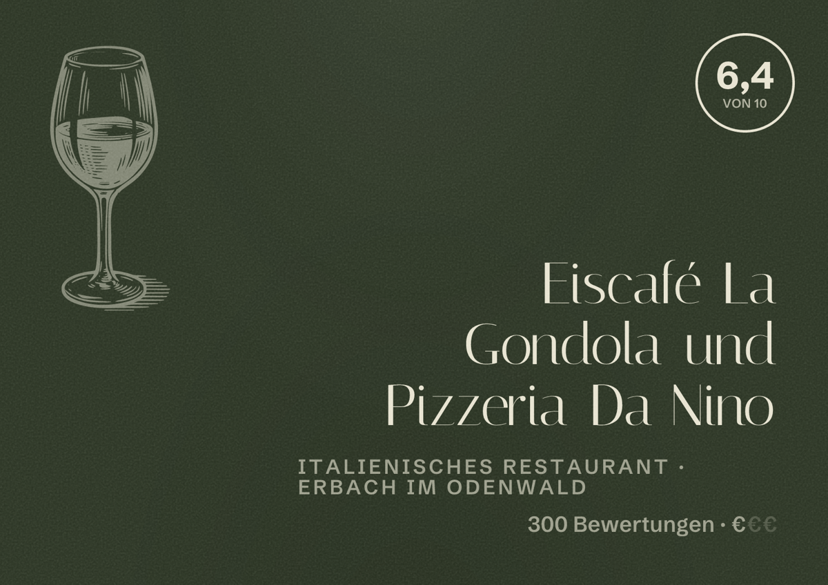 Illustriertes Poster von Eiscafé La Gondola und Pizzeria Da Nino, Italienisches Restaurant in Erbach im Odenwald: Bewertung 6,4 von 10 aus 300 Bewertungen, Preisniveau €