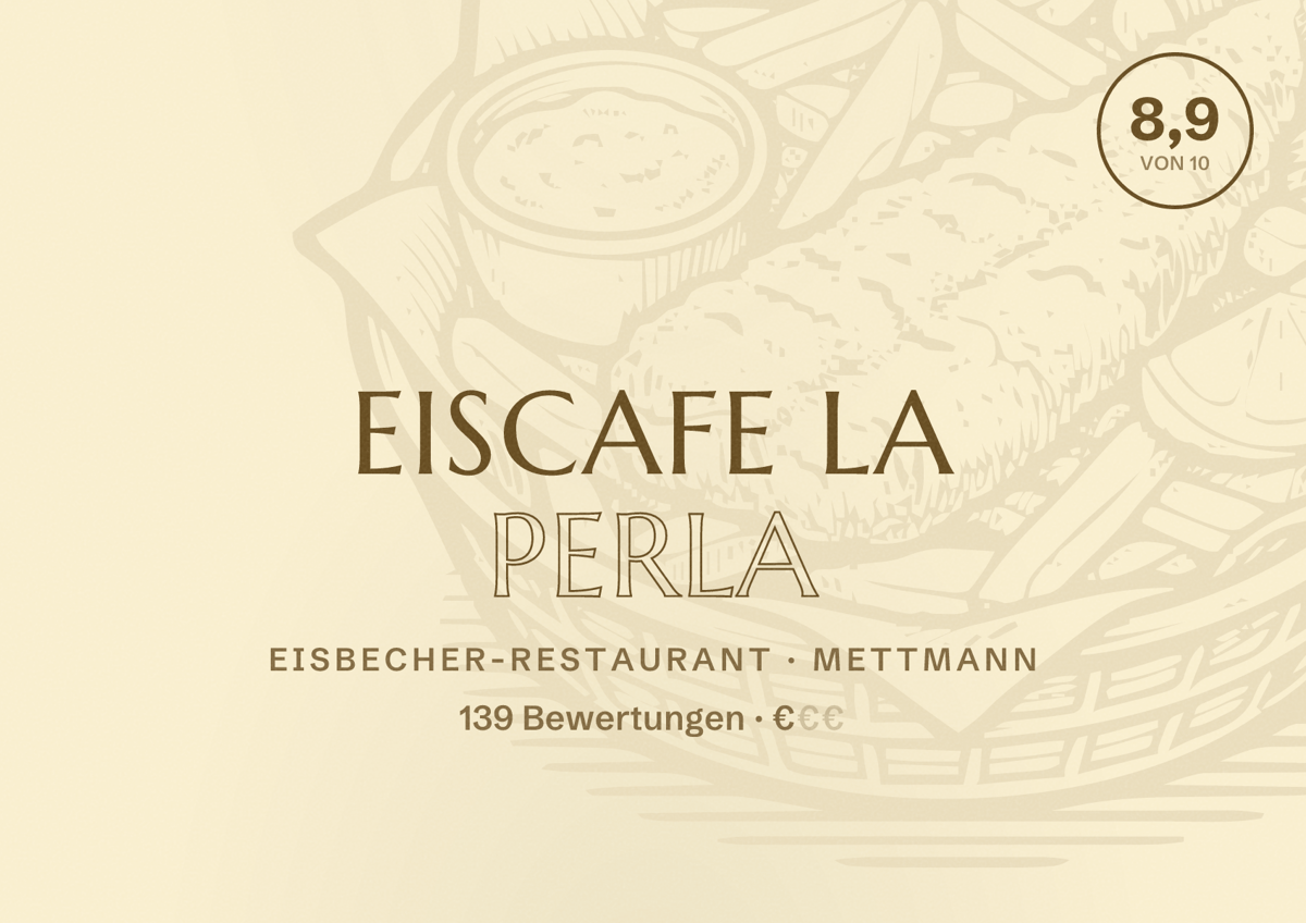 Illustriertes Poster von Eiscafe La Perla, Eisbecher-Restaurant in Mettmann: Bewertung 8,9 von 10 aus 139 Bewertungen, Preisniveau €