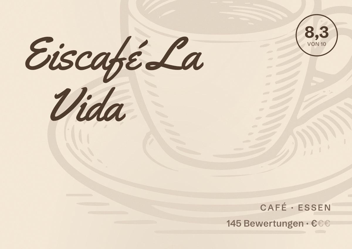 Illustriertes Poster von Eiscafé La Vida, Café in Essen: Bewertung 8,3 von 10 aus 145 Bewertungen, Preisniveau €