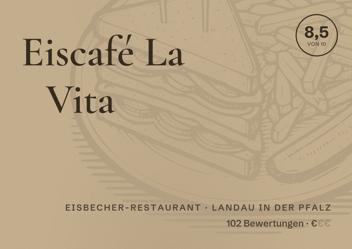 Illustriertes Poster von Eiscafé La Vita, Eisbecher-Restaurant in Landau in der Pfalz: Bewertung 8,5 von 10 aus 102 Bewertungen, Preisniveau €