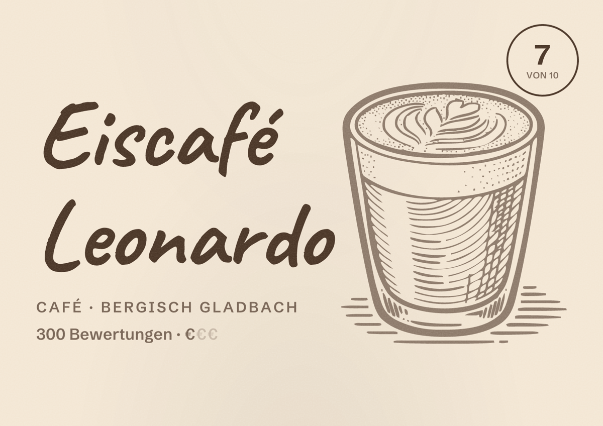 Illustriertes Poster von Eiscafé Leonardo, Café in Bergisch Gladbach: Bewertung 7 von 10 aus 300 Bewertungen, Preisniveau €