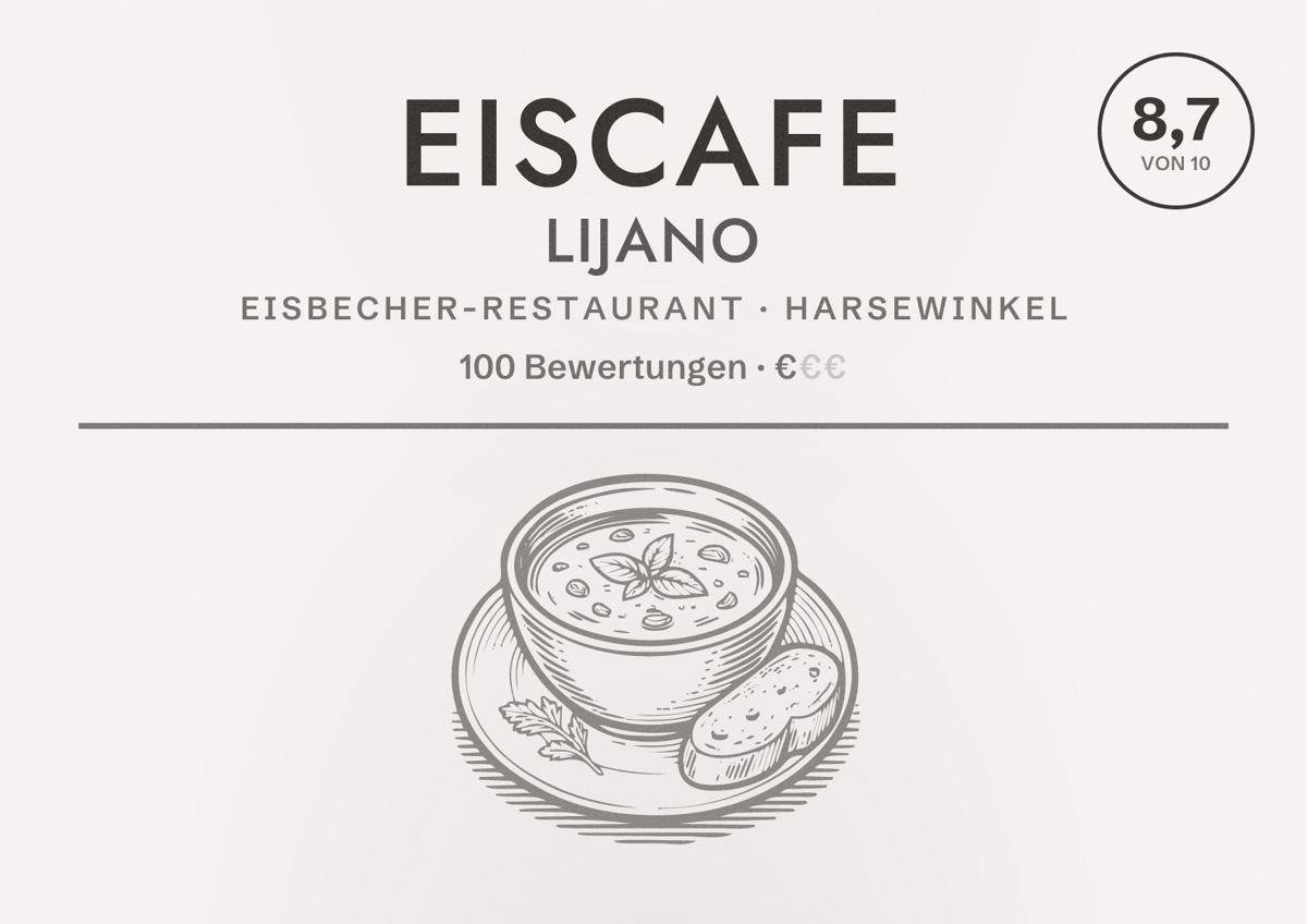 Illustriertes Poster von Eiscafe Lijano, Eisbecher-Restaurant in Harsewinkel: Bewertung 8,7 von 10 aus 100 Bewertungen, Preisniveau €