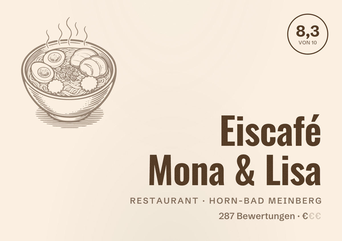 Illustriertes Poster von Eiscafé Mona & Lisa, Restaurant in Horn-Bad Meinberg: Bewertung 8,3 von 10 aus 287 Bewertungen, Preisniveau €