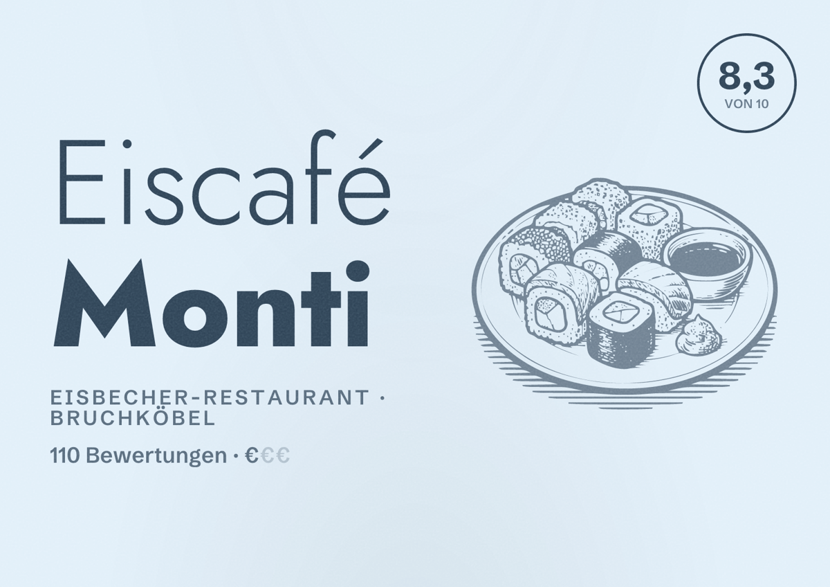Illustriertes Poster von Eiscafé Monti, Eisbecher-Restaurant in Bruchköbel: Bewertung 8,3 von 10 aus 110 Bewertungen, Preisniveau €