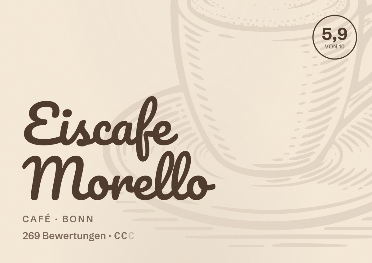 Illustriertes Poster von Eiscafe Morello, Café in Bonn: Bewertung 5,9 von 10 aus 269 Bewertungen, Preisniveau €€
