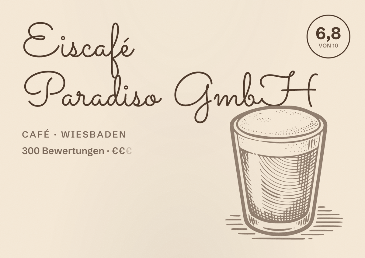 Illustriertes Poster von Eiscafé Paradiso GmbH, Café in Wiesbaden: Bewertung 6,8 von 10 aus 300 Bewertungen, Preisniveau €€
