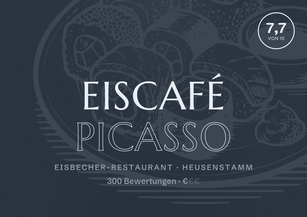 Illustriertes Poster von Eiscafé Picasso, Eisbecher-Restaurant in Heusenstamm: Bewertung 7,7 von 10 aus 300 Bewertungen, Preisniveau €