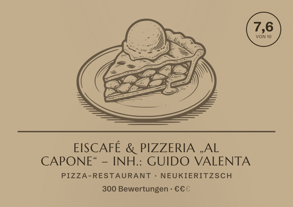 Illustriertes Poster von Eiscafé & Pizzeria „Al Capone“ – Inh.: Guido Valenta, Pizza-Restaurant in Neukieritzsch: Bewertung 7,6 von 10 aus 300 Bewertungen, Preisniveau €€