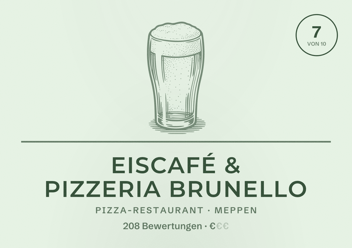 Illustriertes Poster von Eiscafé & Pizzeria Brunello, Pizza-Restaurant in Meppen: Bewertung 7 von 10 aus 208 Bewertungen, Preisniveau €
