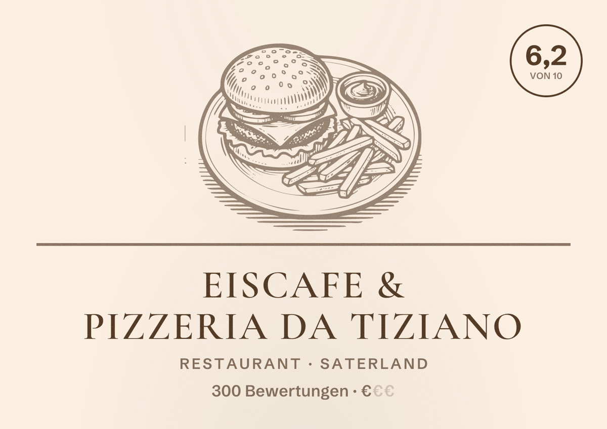 Illustriertes Poster von Eiscafe & Pizzeria da Tiziano, Restaurant in Saterland: Bewertung 6,2 von 10 aus 300 Bewertungen, Preisniveau €