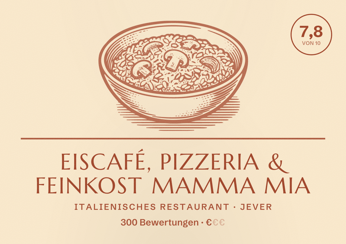 Illustriertes Poster von Eiscafé, Pizzeria & Feinkost Mamma Mia, Italienisches Restaurant in Jever: Bewertung 7,8 von 10 aus 300 Bewertungen, Preisniveau €