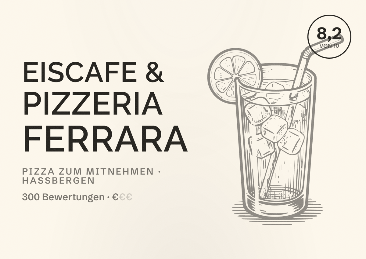 Illustriertes Poster von Eiscafe & Pizzeria Ferrara, Pizza zum Mitnehmen in Haßbergen: Bewertung 8,2 von 10 aus 300 Bewertungen, Preisniveau €