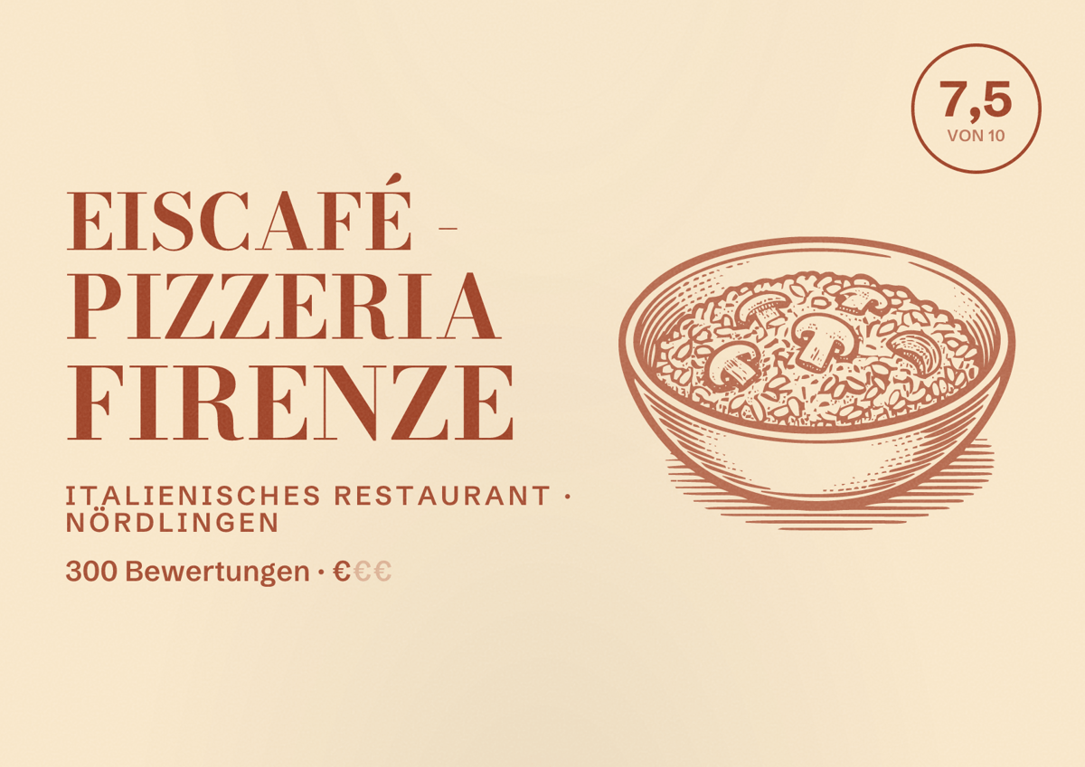 Illustriertes Poster von Eiscafé - Pizzeria Firenze, Italienisches Restaurant in Nördlingen: Bewertung 7,5 von 10 aus 300 Bewertungen, Preisniveau €