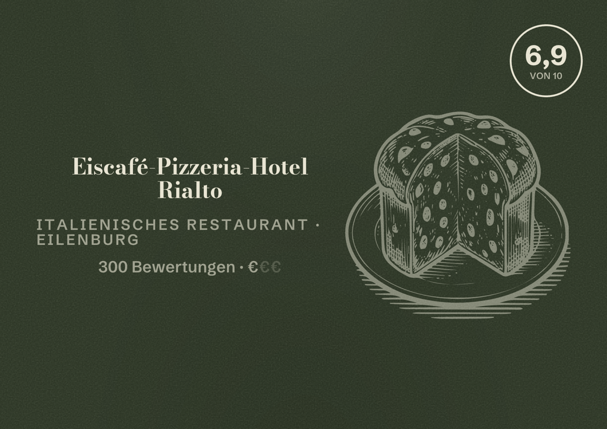 Illustriertes Poster von Eiscafé-Pizzeria-Hotel Rialto, Italienisches Restaurant in Eilenburg: Bewertung 6,9 von 10 aus 300 Bewertungen, Preisniveau €