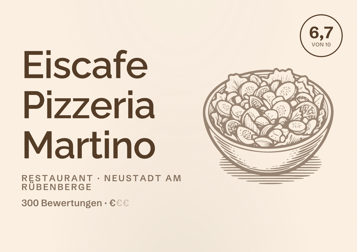 Illustriertes Poster von Eiscafe Pizzeria Martino, Restaurant in Neustadt am Rübenberge: Bewertung 6,7 von 10 aus 300 Bewertungen, Preisniveau €
