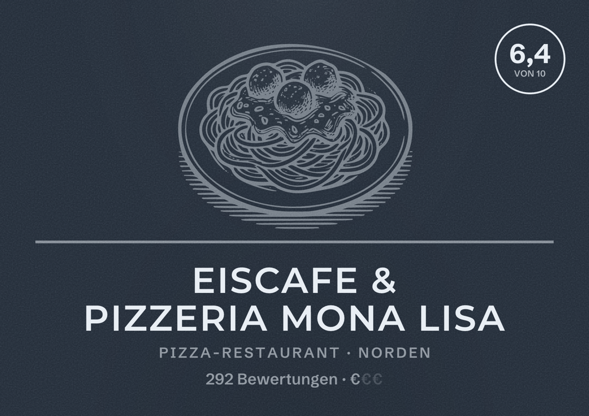 Illustriertes Poster von Eiscafe & Pizzeria Mona Lisa, Pizza-Restaurant in Norden: Bewertung 6,4 von 10 aus 292 Bewertungen, Preisniveau €