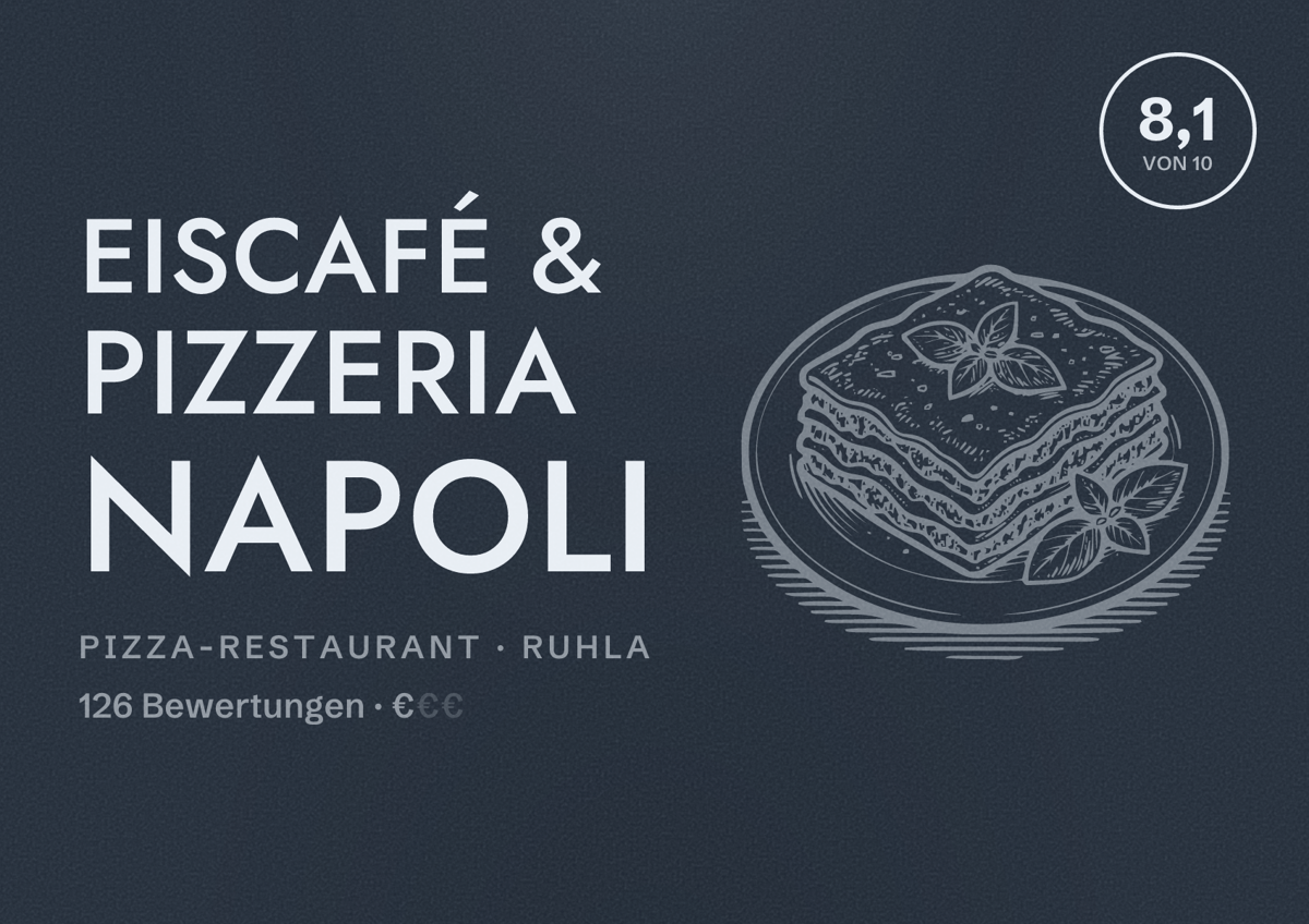 Illustriertes Poster von Eiscafé & Pizzeria NAPOLI, Pizza-Restaurant in Ruhla: Bewertung 8,1 von 10 aus 126 Bewertungen, Preisniveau €
