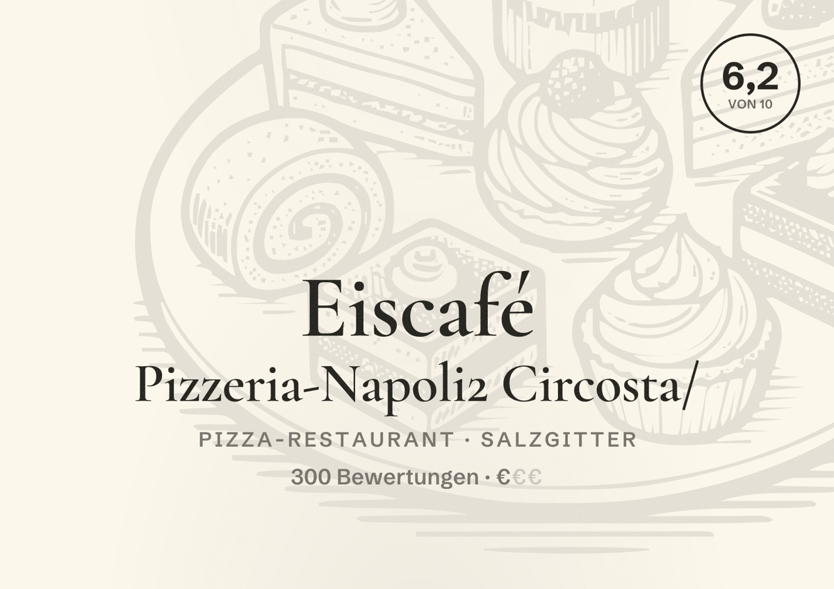 Illustriertes Poster von Eiscafé Pizzeria-Napoli2 Circosta/, Pizza-Restaurant in Salzgitter: Bewertung 6,2 von 10 aus 300 Bewertungen, Preisniveau €