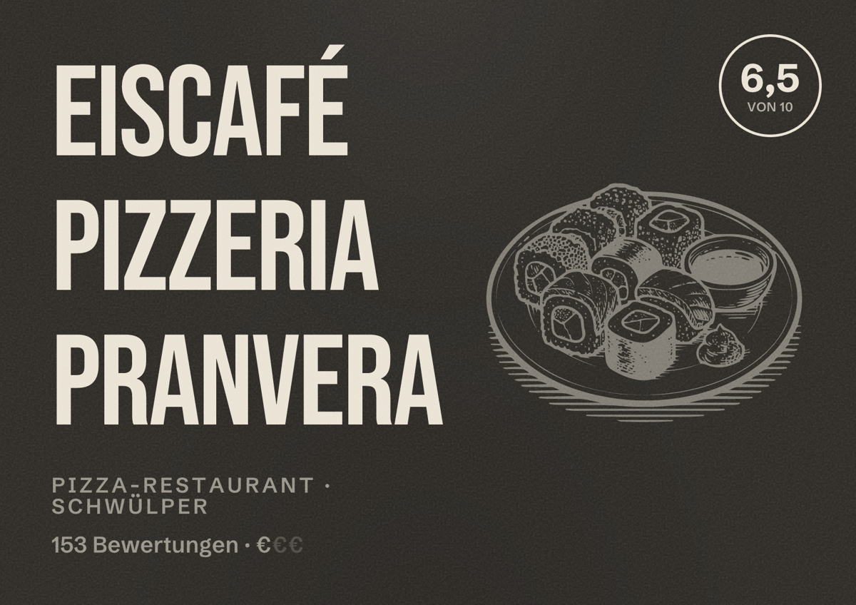 Illustriertes Poster von Eiscafé Pizzeria Pranvera, Pizza-Restaurant in Schwülper: Bewertung 6,5 von 10 aus 153 Bewertungen, Preisniveau €
