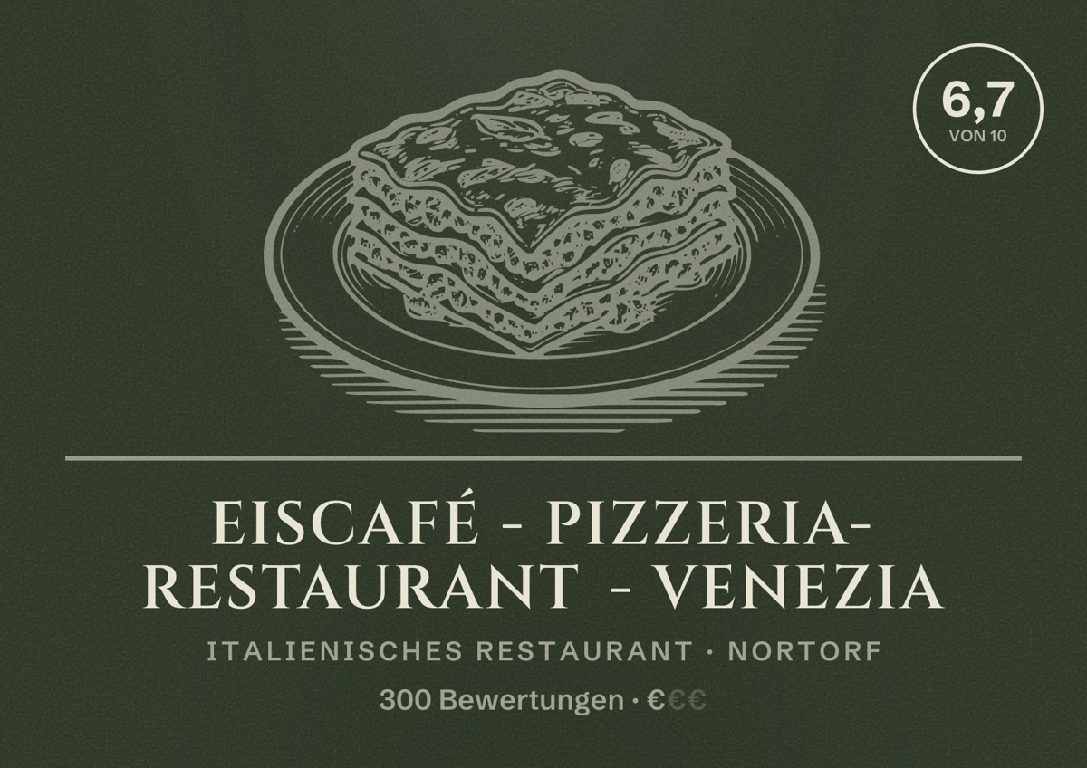 Illustriertes Poster von Eiscafé - Pizzeria- Restaurant - Venezia, Italienisches Restaurant in Nortorf: Bewertung 6,7 von 10 aus 300 Bewertungen, Preisniveau €
