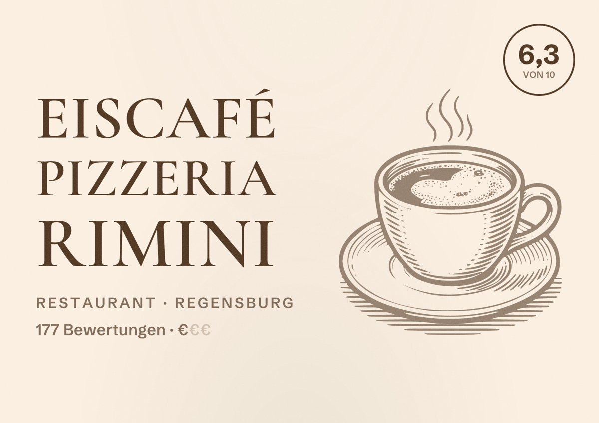 Illustriertes Poster von Eiscafé Pizzeria Rimini, Restaurant in Regensburg: Bewertung 6,3 von 10 aus 177 Bewertungen, Preisniveau €